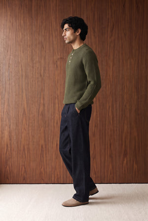 Ribbed Henley Jumper - DARK OLIVE