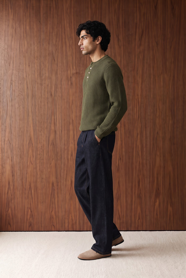 Ribbed Henley Jumper - DARK OLIVE