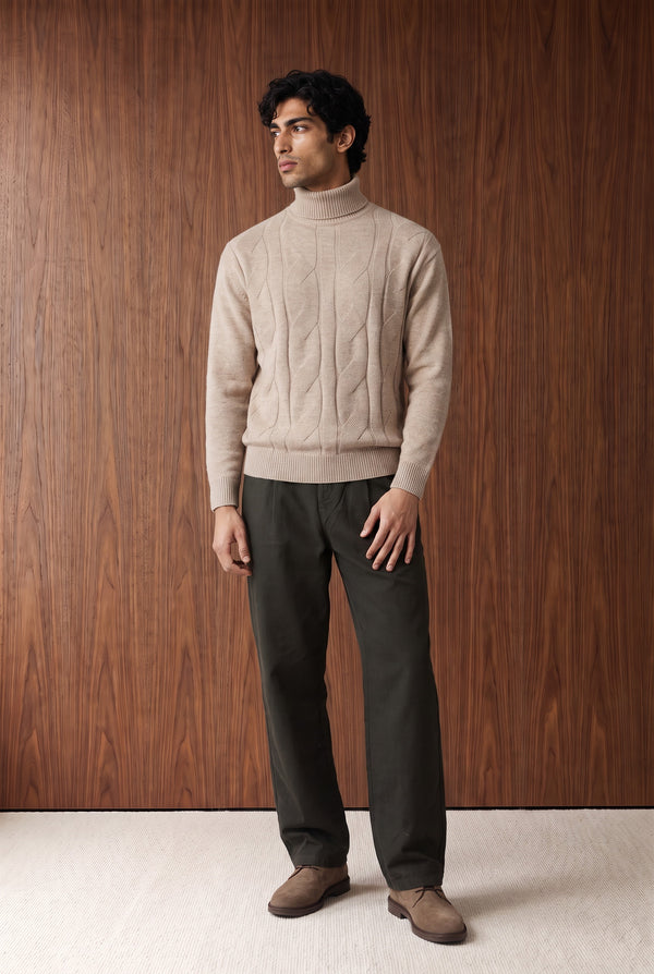 Cable-Knit Roll-Neck Sweater - BEIGE