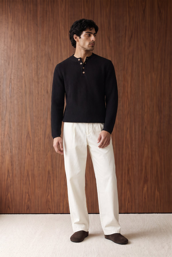 Ribbed Henley Jumper - BLACK