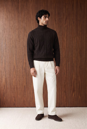 Cable-Knit Roll-Neck Sweater - BURGUNDY