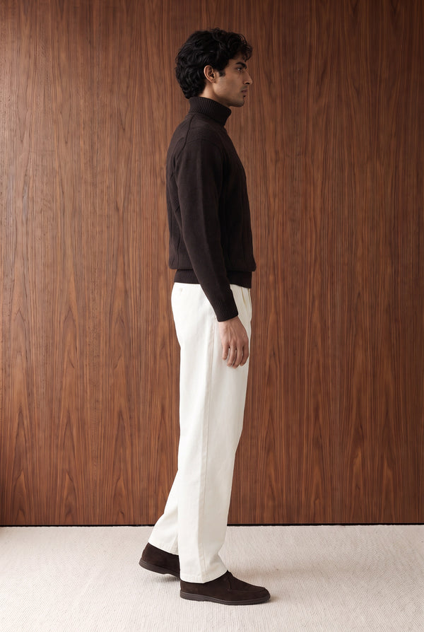Cable-Knit Roll-Neck Sweater - BURGUNDY