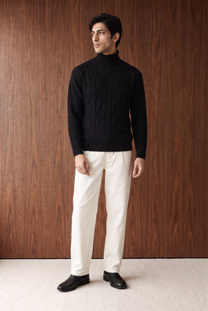 Cable-Knit Roll-Neck Sweater - BLACK