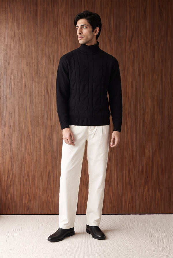 Cable-Knit Roll-Neck Sweater - BLACK