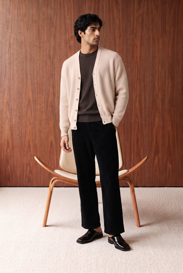 Relaxed Pleated Corduroy Pants - BLACK