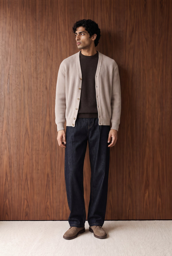V-Neck Button-Front Cardigan - TAUPE
