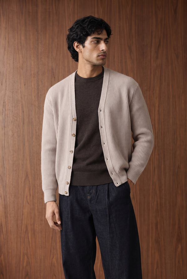 V-Neck Button-Front Cardigan - TAUPE