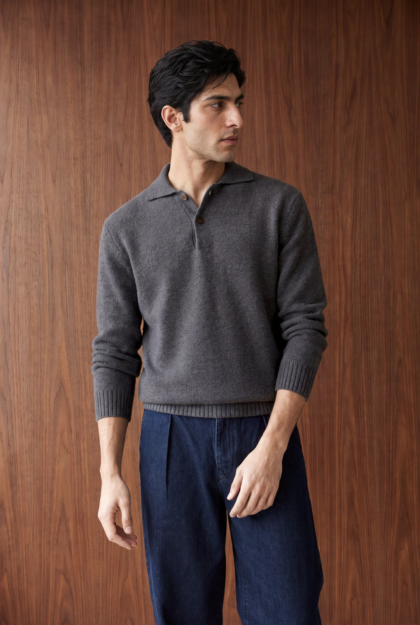 Brushed Sweater Knit Polo - CHARCOAL MELANGE