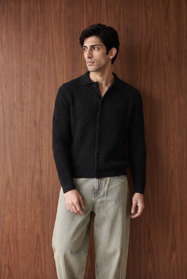 Textured Knit Button-Front Cardigan - CHARCOAL MELANGE