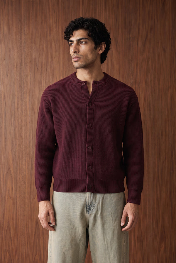 Crew neck button up cardigan - BURGUNDY