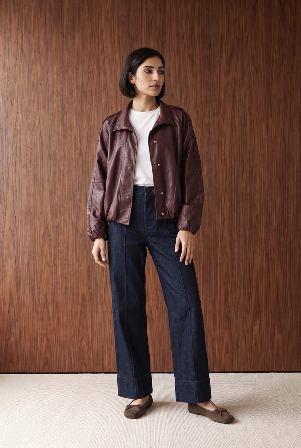 FAUX LEATHER HIGH-NECK JACKET - CHERRY RED