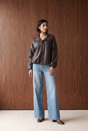 FAUX LEATHER HIGH-NECK JACKET - DARK BROWN