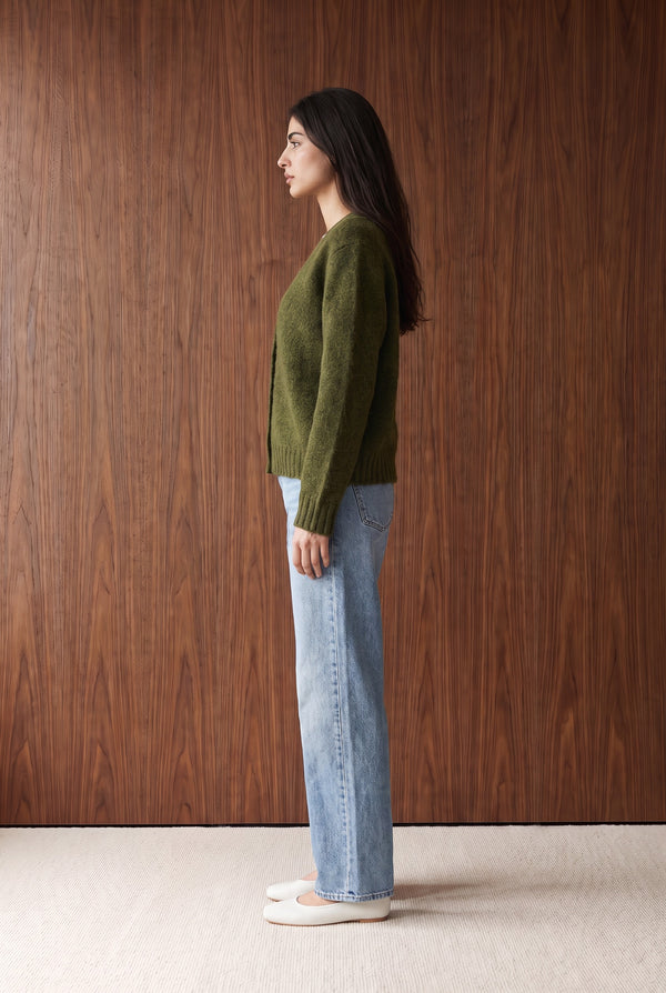 Brushed V-Neck Button Cardigan - GREEN MELANGE