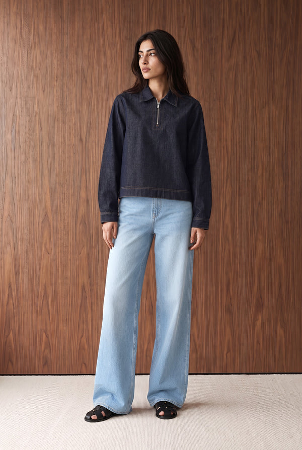Denim Half Zipper Blouse