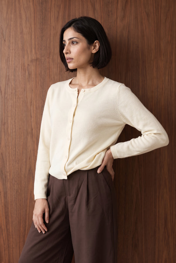Fine-Knit Button-Front Cardigan - OFF WHITE