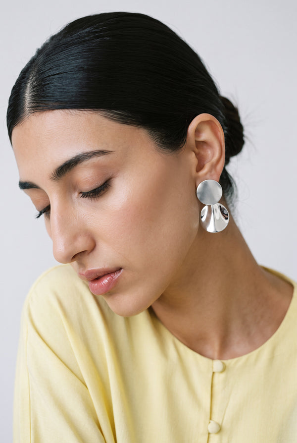 Brushed Silver Disc Drop Earrings
