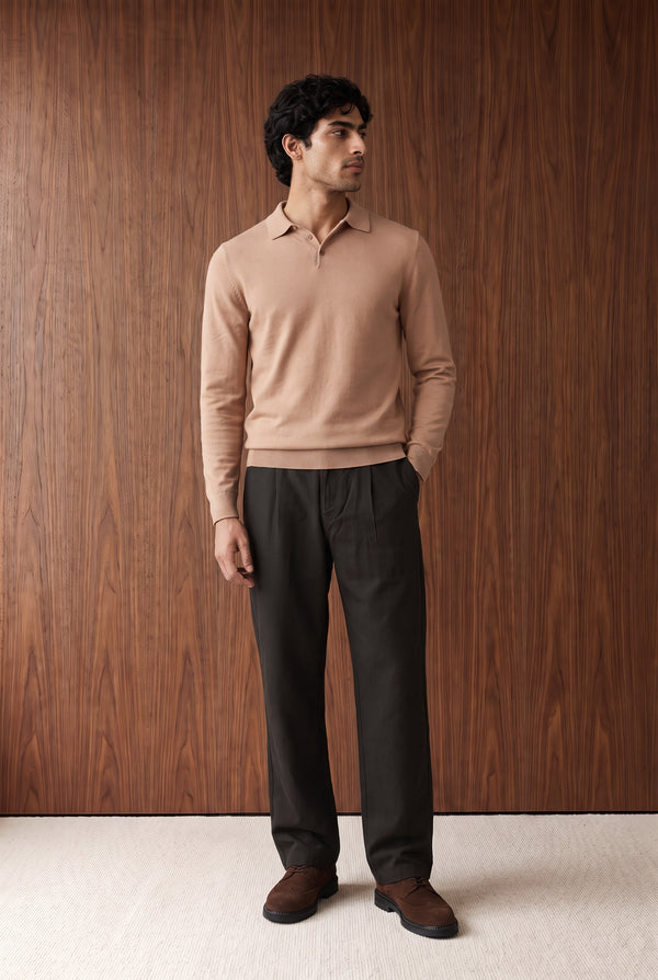 Long Sleeve Knitted Polo - Light Brown