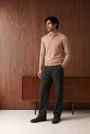 Long Sleeve Knitted Polo - Light Brown