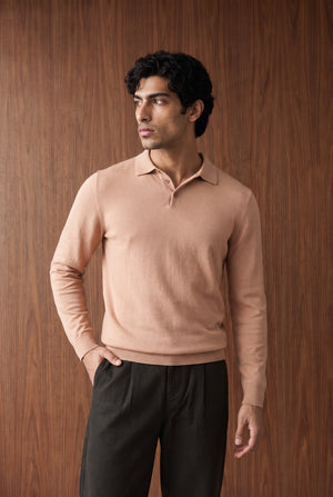 Long Sleeve Knitted Polo - Light Brown
