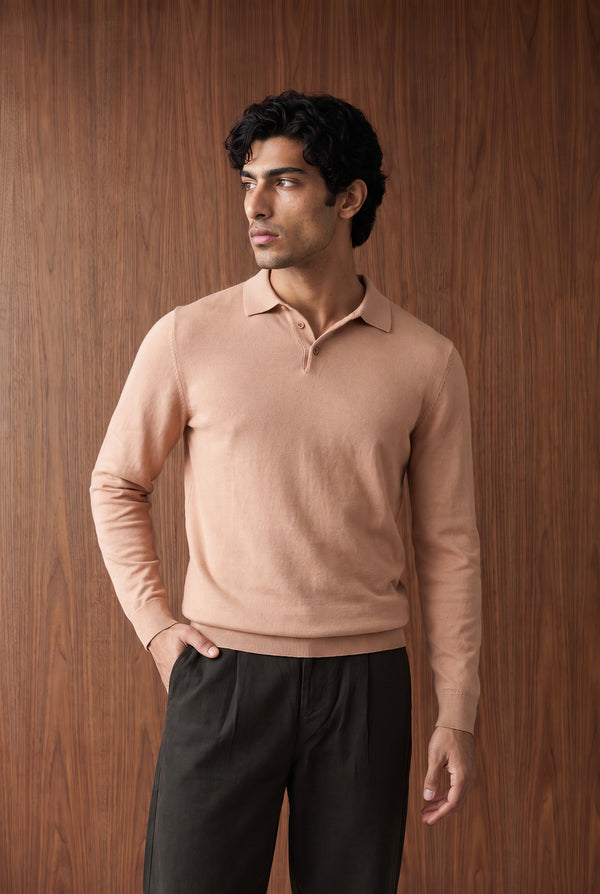 Long Sleeve Knitted Polo - Light Brown