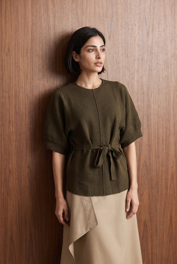 KNIT JUMPER WITH BALLOON SLEEVES - OLIVE BROWN