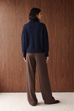 Foldover Off-Shoulder Sweater - NAVY BLUE