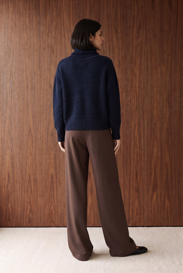 Foldover Off-Shoulder Sweater - NAVY BLUE