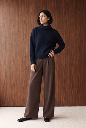 Foldover Off-Shoulder Sweater - NAVY BLUE