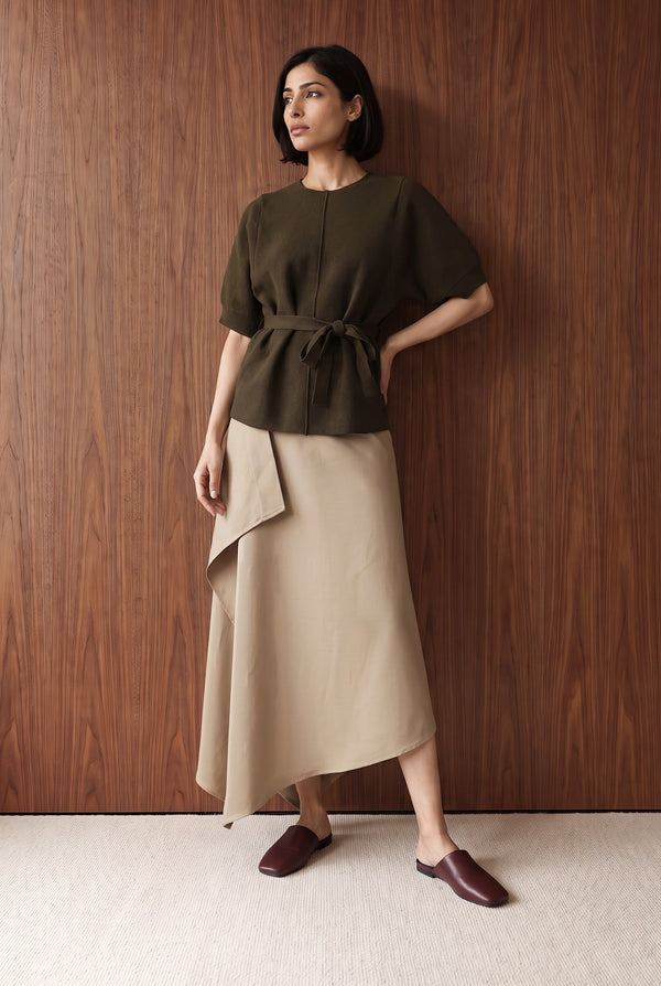 KNIT JUMPER WITH BALLOON SLEEVES - OLIVE BROWN