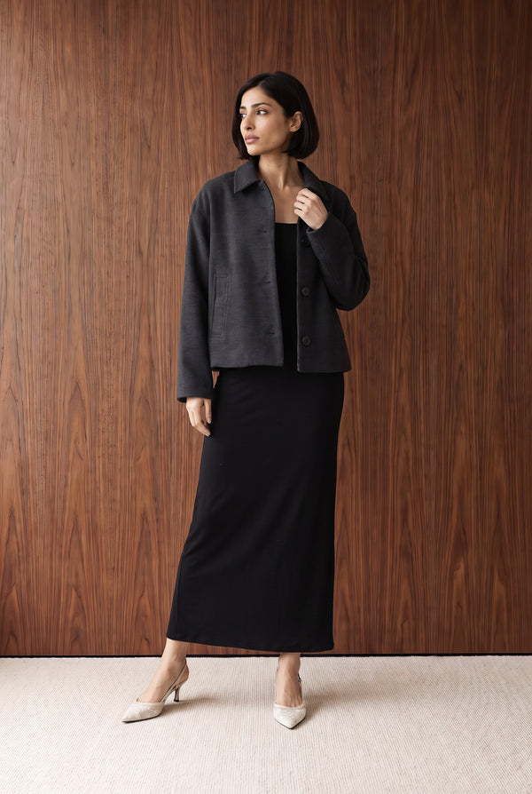 SHORT BUTTON DOWN JACKET - CHARCOAL MELANGE