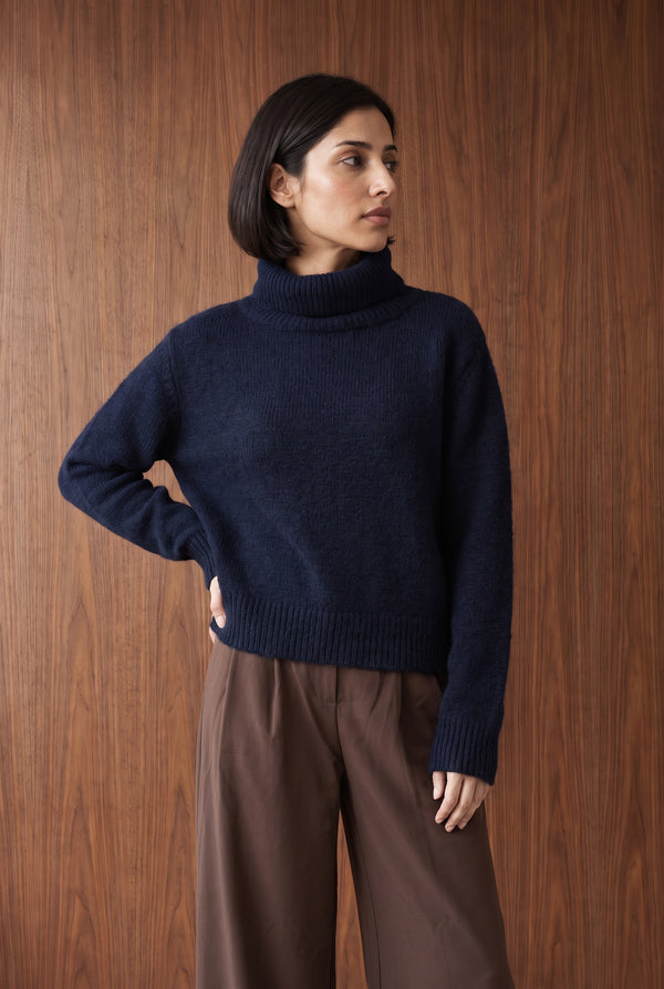 Foldover Off-Shoulder Sweater - NAVY BLUE