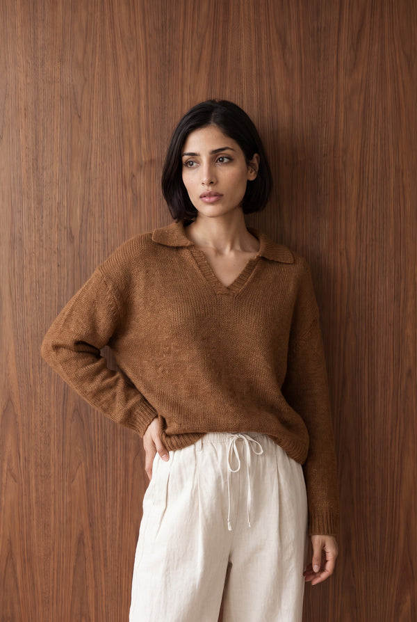 BRUSHED EFFECT KNIT JUMPER - CAMEL BROWN