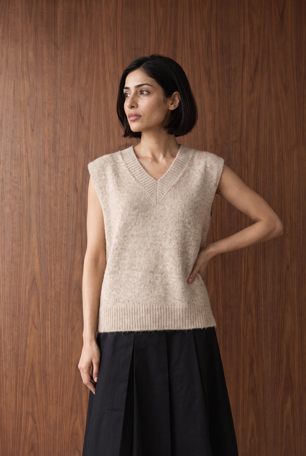Relaxed Sleeveless Knit Vest - SAND MELANGE